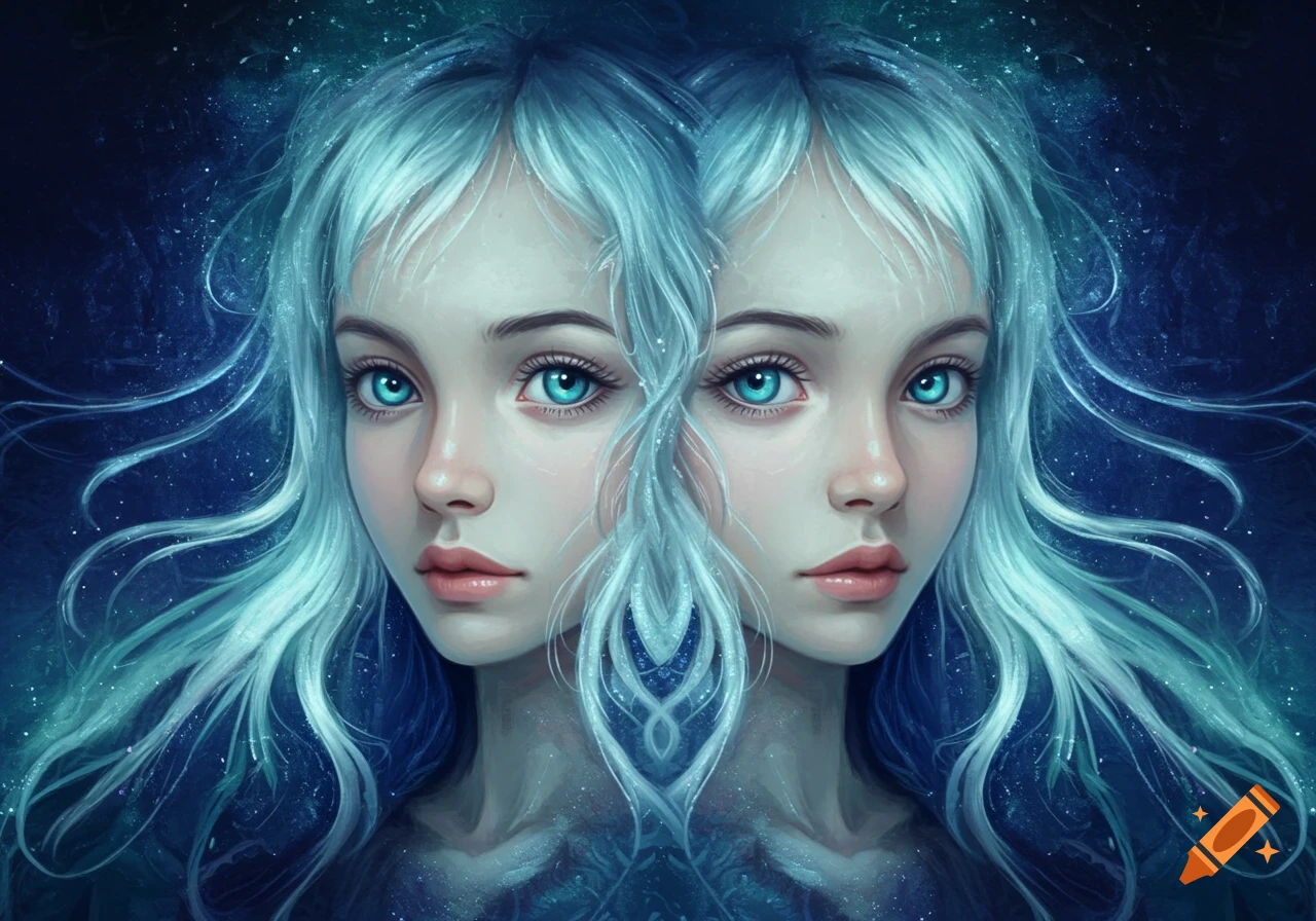 Abstract digital painting of two symmetrical, merged faces of a girl with glowing blue eyes and flowing turquoise hair against a dark, starry background.