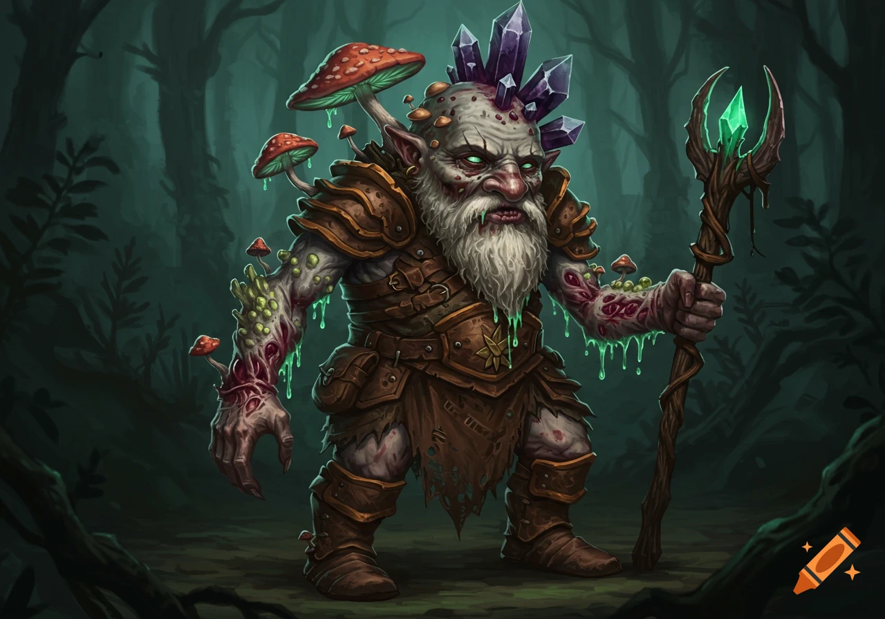 A grotesque gnome with a white beard, red mushrooms, and purple crystals on his head, with green ooze and fungal growths dripping from his skin. He wears brown leather armor and holds a staff with a glowing green crystal tip, standing in a dark, misty forest.