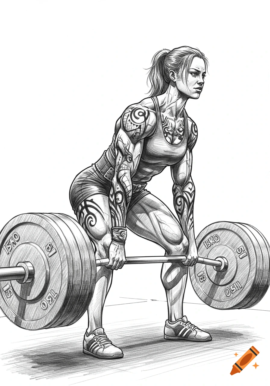 Sketch of a muscular woman with tattoos performing a deadlift with a barbell.