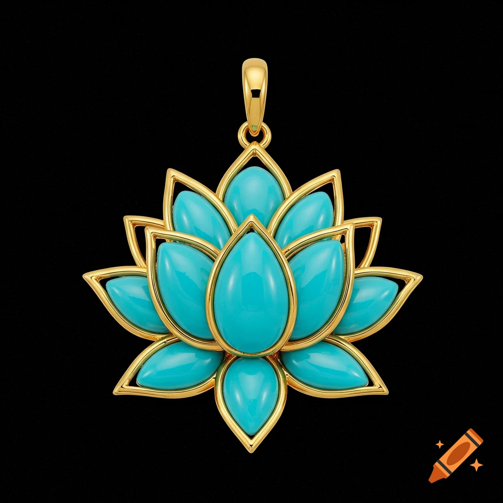 A gold and turquoise lotus flower pendant on a black background.