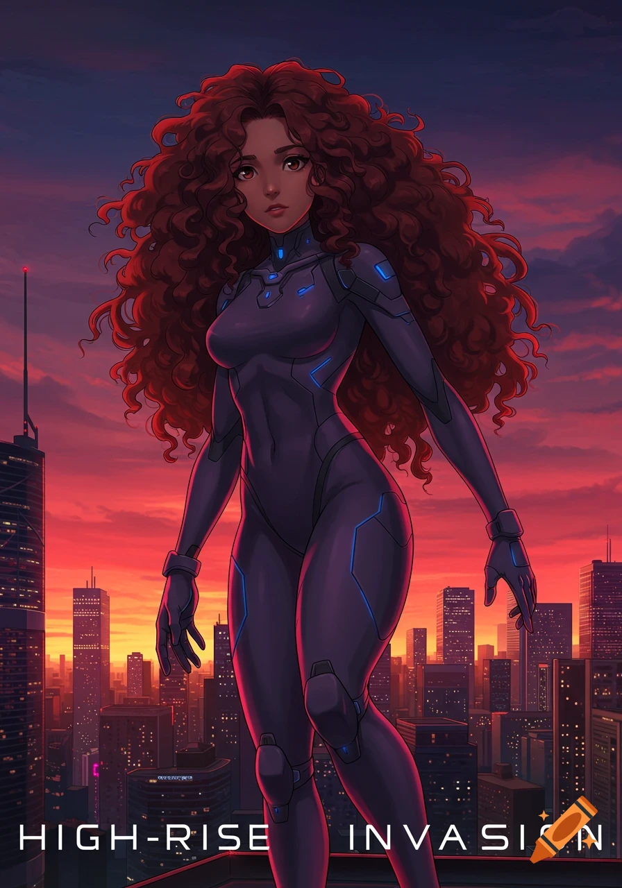 Anime woman with long curly hair in a sci-fi suit stands on a city rooftop at sunset with text 'HIGH-RISE INVASION'.