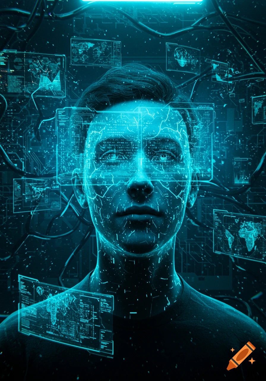 A person's head and shoulders depicted with glowing blue lines, surrounded by holographic screens displaying data in a futuristic, digital art style.