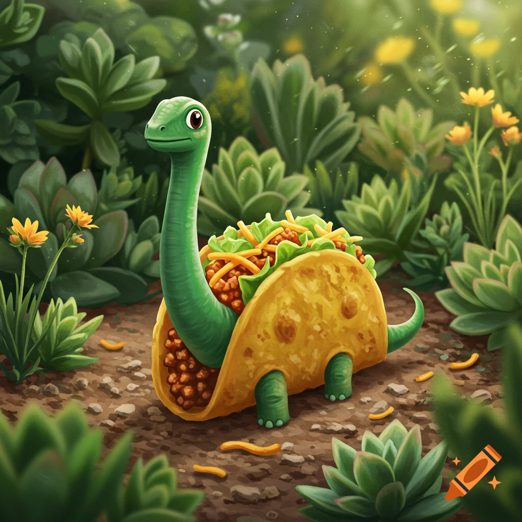A cute green long-necked dinosaur with a taco for a body, standing in a lush green garden among succulents and small yellow flowers.