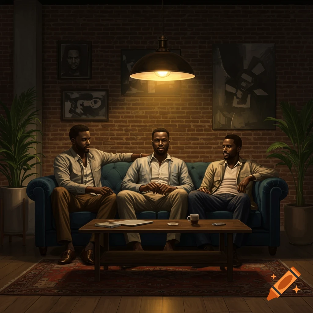 Three black men sit on a blue couch in a warmly lit room with brick walls, a hanging lamp illuminating the scene.