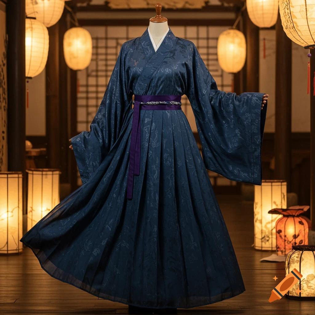 A long, dark blue traditional Hanfu with wide sleeves, a pleated skirt, and a purple belt, displayed in a room with illuminated lanterns.