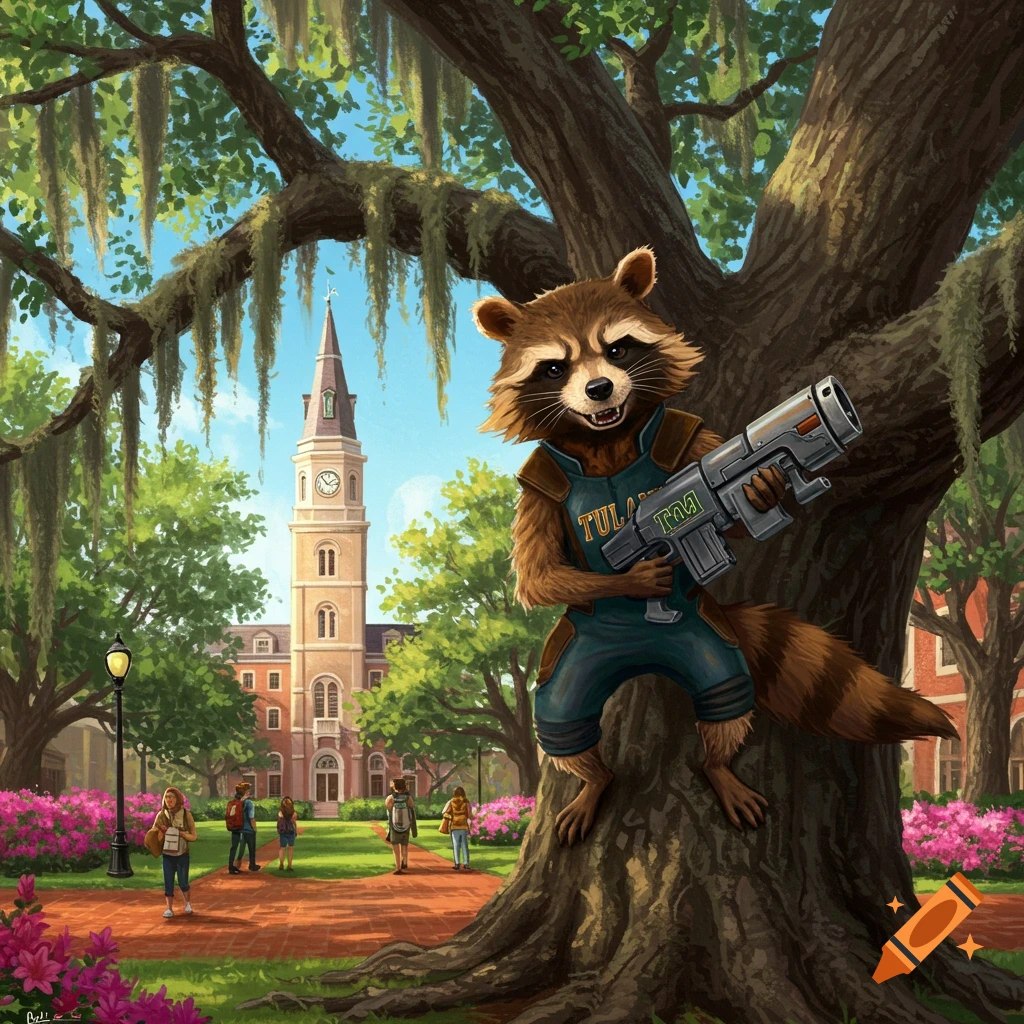 Rocket Raccoon holding a large gun and perched on a tree in the middle of a university campus with a clock tower.