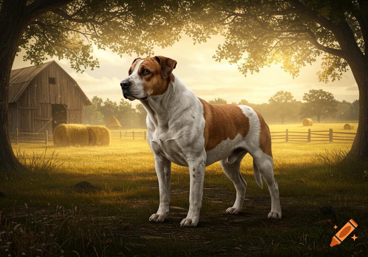 A muscular, brown and white dog stands in a golden field in front of a barn at sunset, framed by trees.