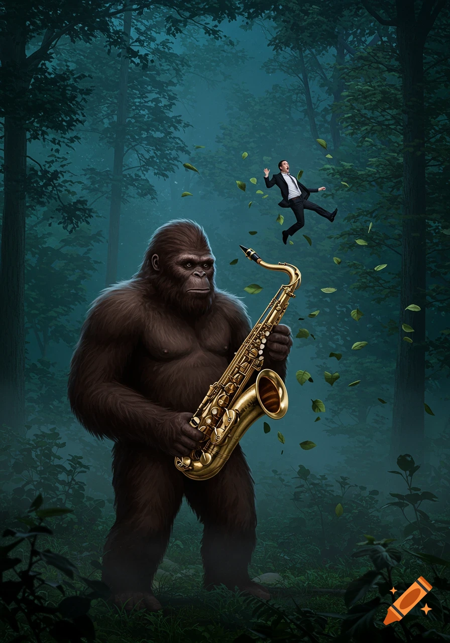 A Sasquatch playing a saxophone in a misty forest while a man in a suit floats above, surrounded by falling leaves.