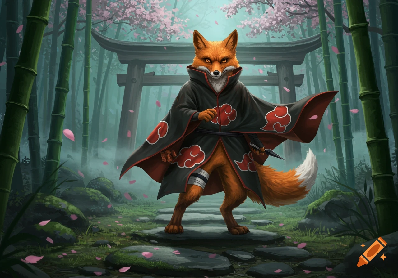 An anthropomorphic orange fox wearing a black Akatsuki cloak stands in a misty bamboo forest with cherry blossoms and a torii gate.