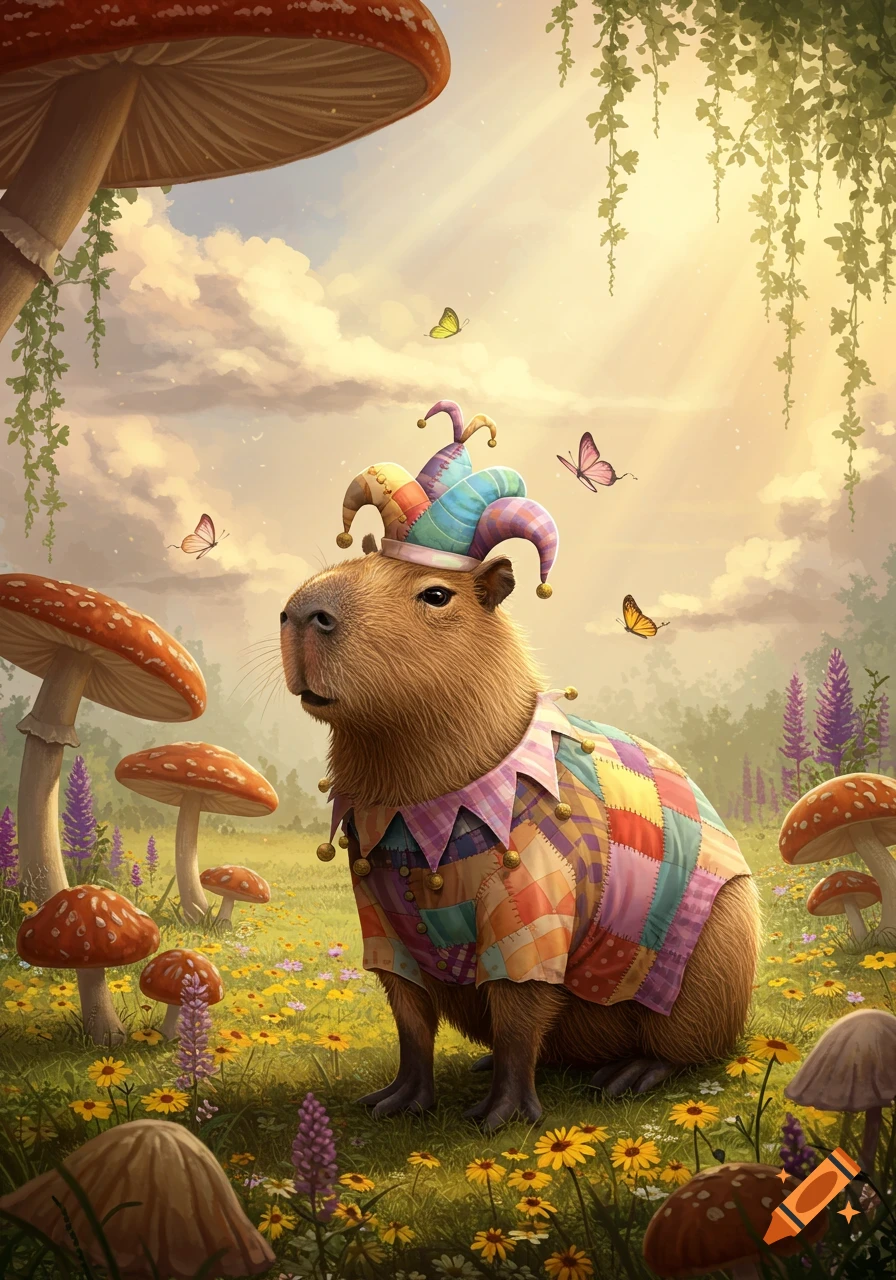 A capybara dressed in a colorful jester costume and hat sits in a vibrant fantasy meadow with giant mushrooms and butterflies.