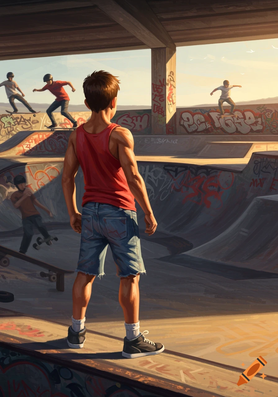 A boy in a red tank top watches other boys skateboard in a graffiti-covered skatepark under a bridge.