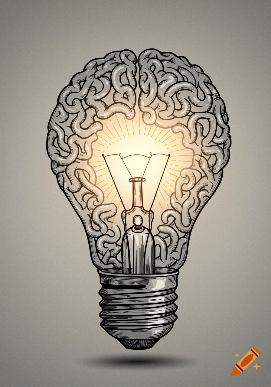 Line art illustration of a brain-shaped lightbulb glowing with an idea.