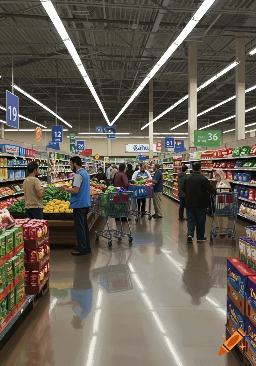A busy grocery store aisle with shoppers, shopping carts, and various products on shelves under bright fluorescent lights.