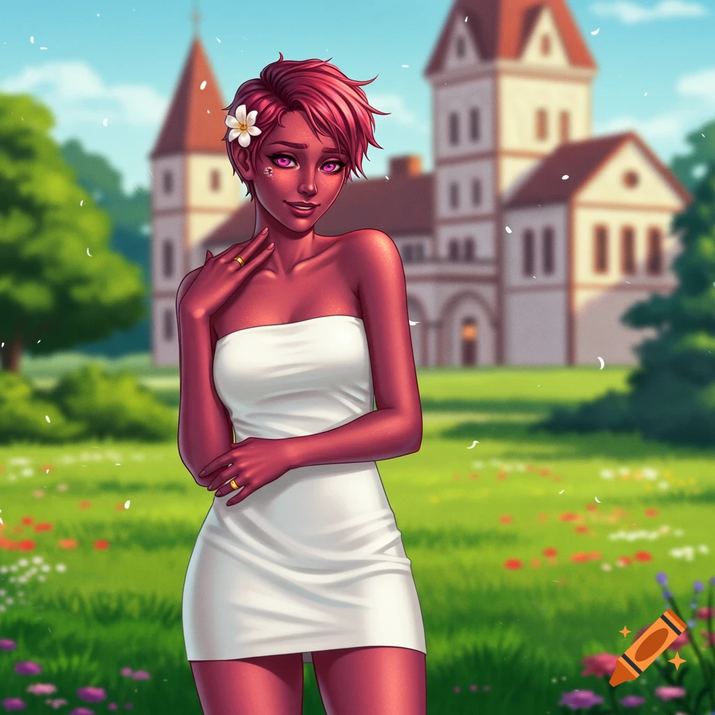 A female elf with pink skin and short red hair in a white dress stands in a flowery field in front of a manor, in a fantasy art style.