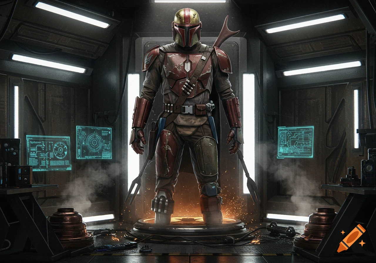 A character in red and gold armor, blending Iron Man and Mandalorian styles, stands on a platform in a futuristic room.