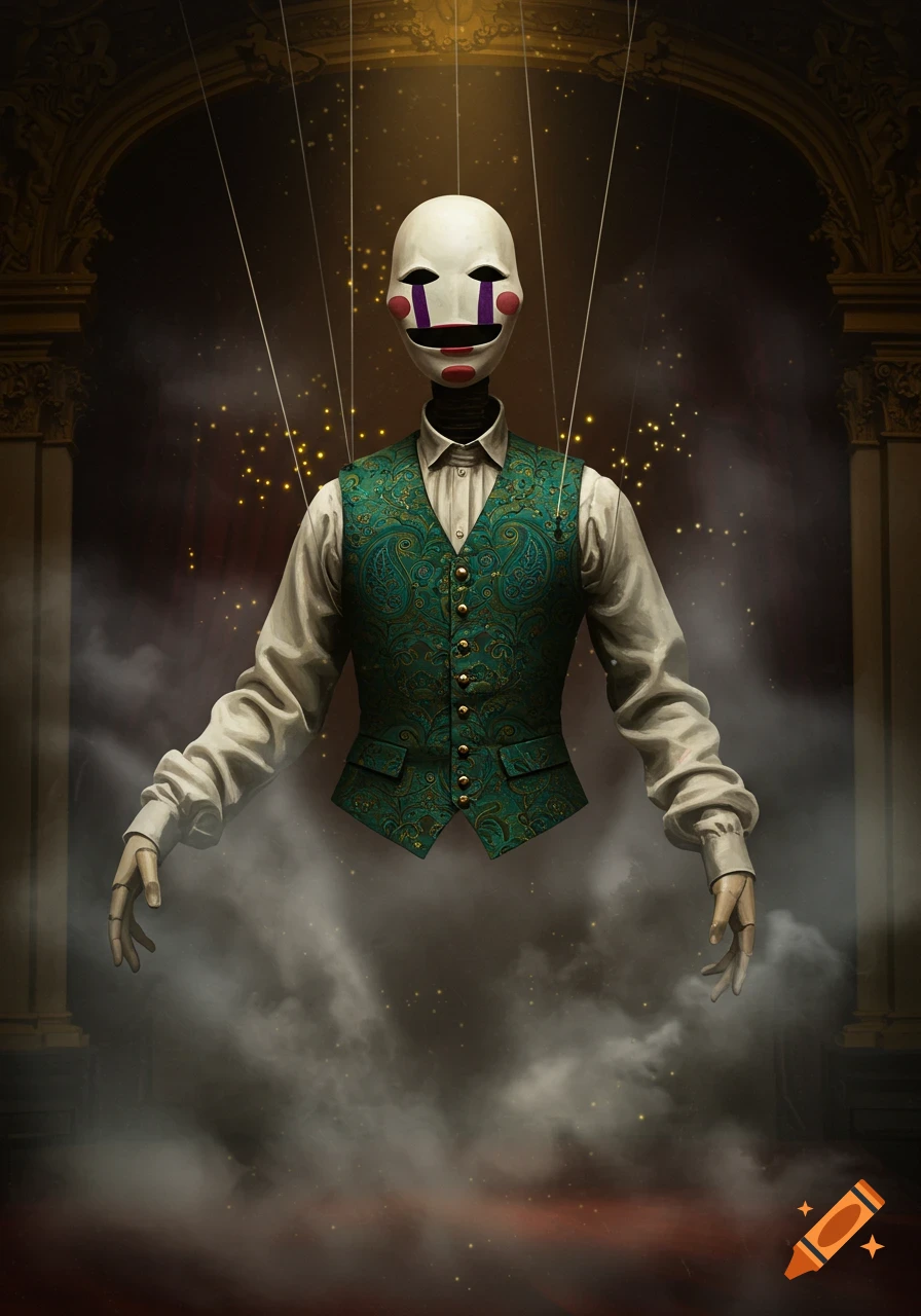 A surreal marionette puppet with a white mask-like face and a green paisley waistcoat, floating in smoke within an ornate, dimly lit setting.