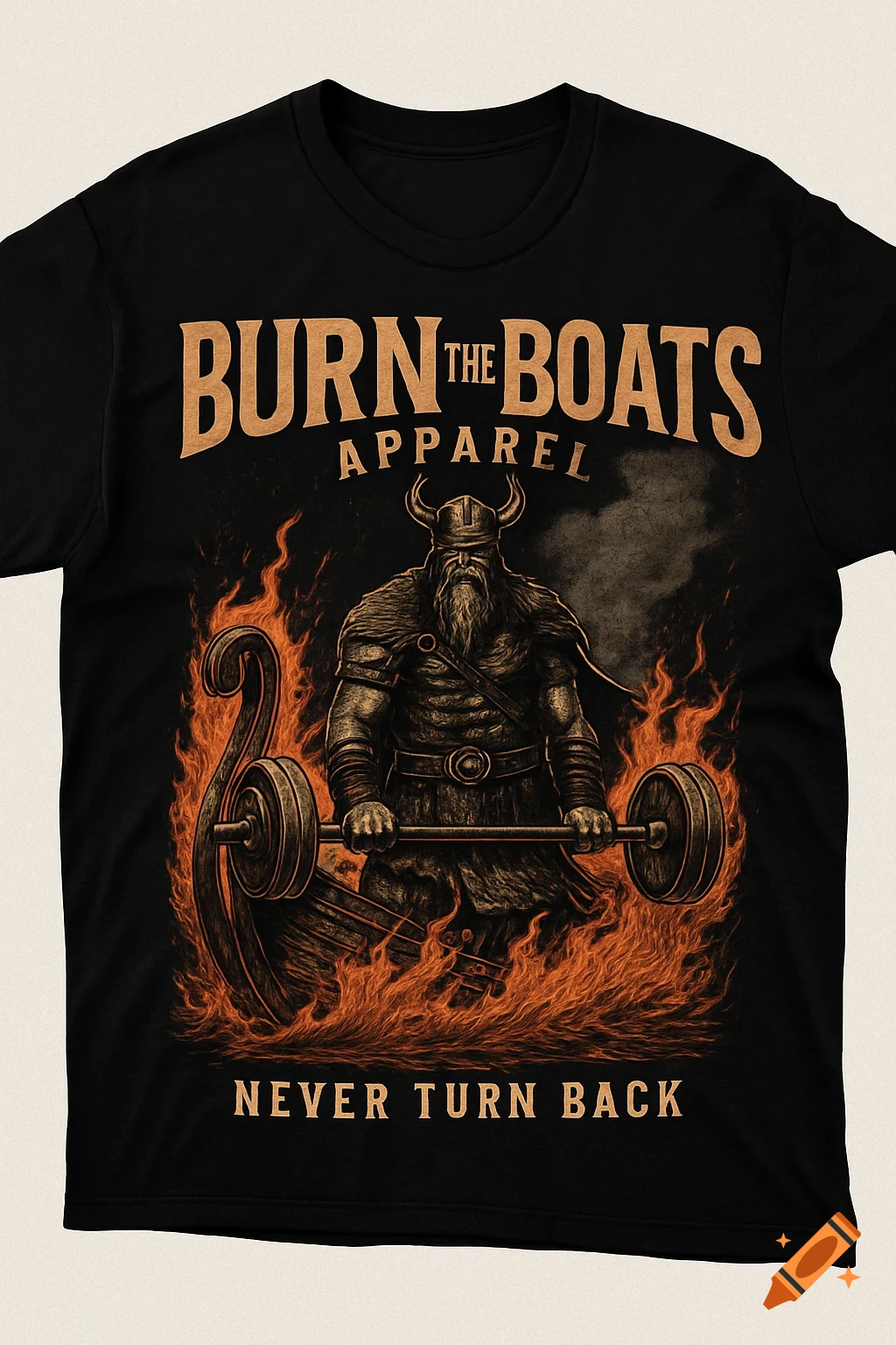 A black t-shirt featuring a grunge style illustration of a Viking warrior with a horned helmet holding a barbell, standing in flames with a burning ship. Text reads "BURN THE BOATS APPAREL" and "NEVER TURN BACK".