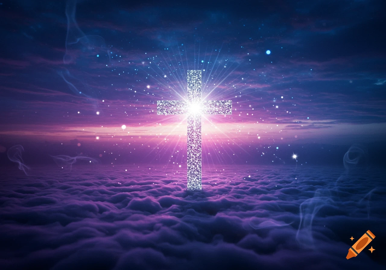 A large, bright, glittery white cross glows above purple and blue clouds under a sparkling twilight sky.