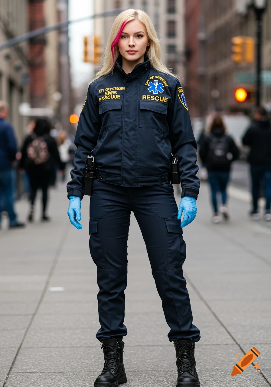 A photorealistic image of a female EMS paramedic in a dark blue uniform, blue gloves, and black boots, standing on a city sidewalk.
