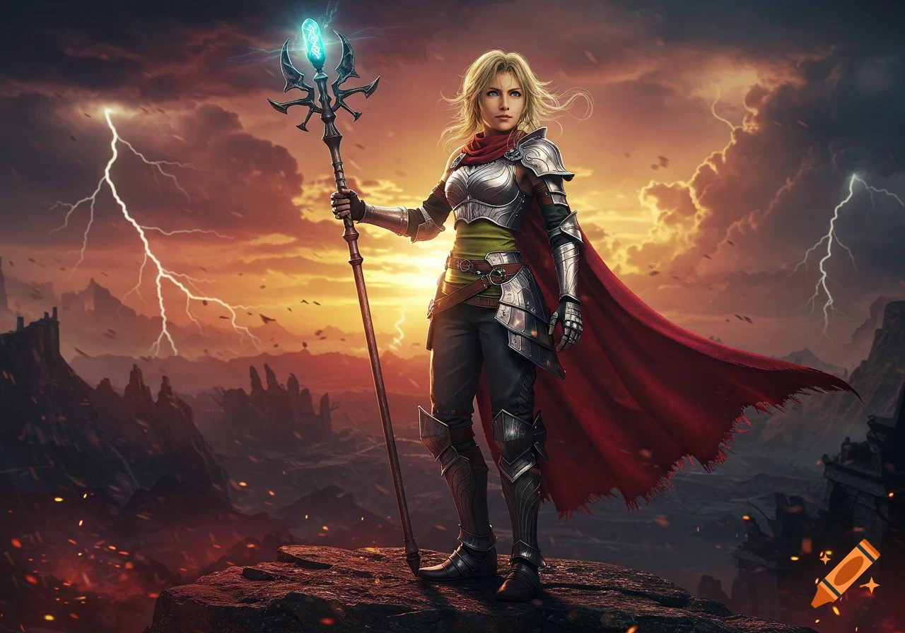 A blonde female warrior in silver armor and a red cape stands on a rock, holding a glowing staff under a stormy sky with lightning.
