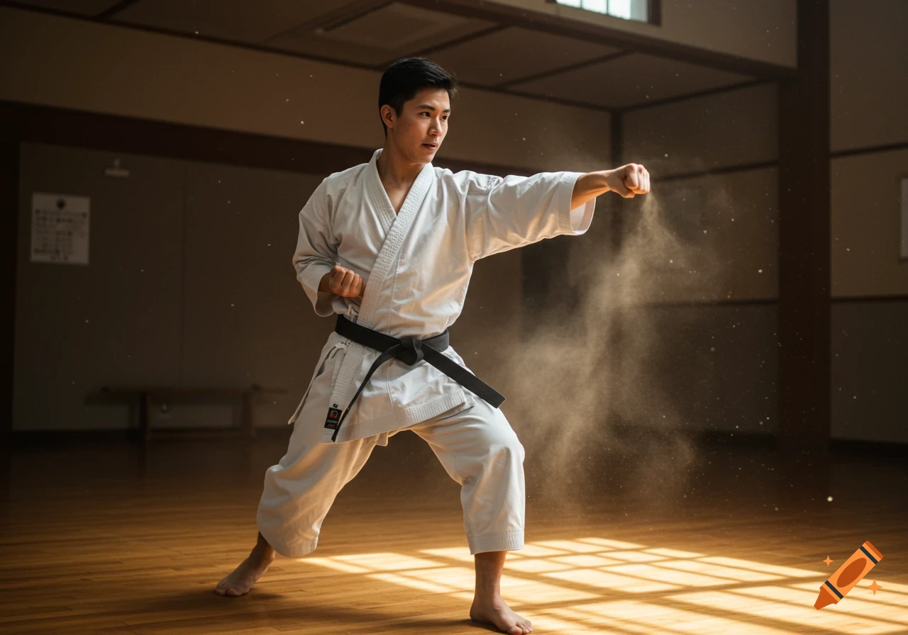 A photorealistic image of a young man in a white karate gi and black belt punching, with dust illuminated around his fist.