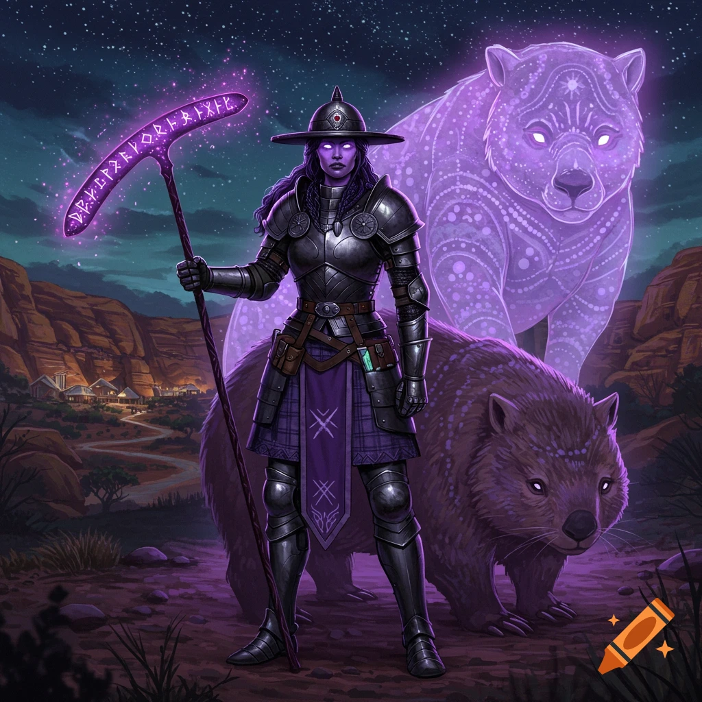 A purple-skinned armored warrior with a glowing runic boomerang stands with a translucent bear spirit and a wombat in a starry desert canyon.