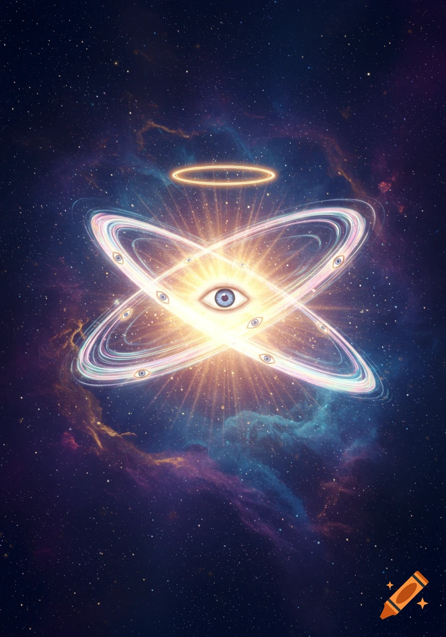 A cosmic eye with multiple glowing rings and smaller eyes in a starry nebula.