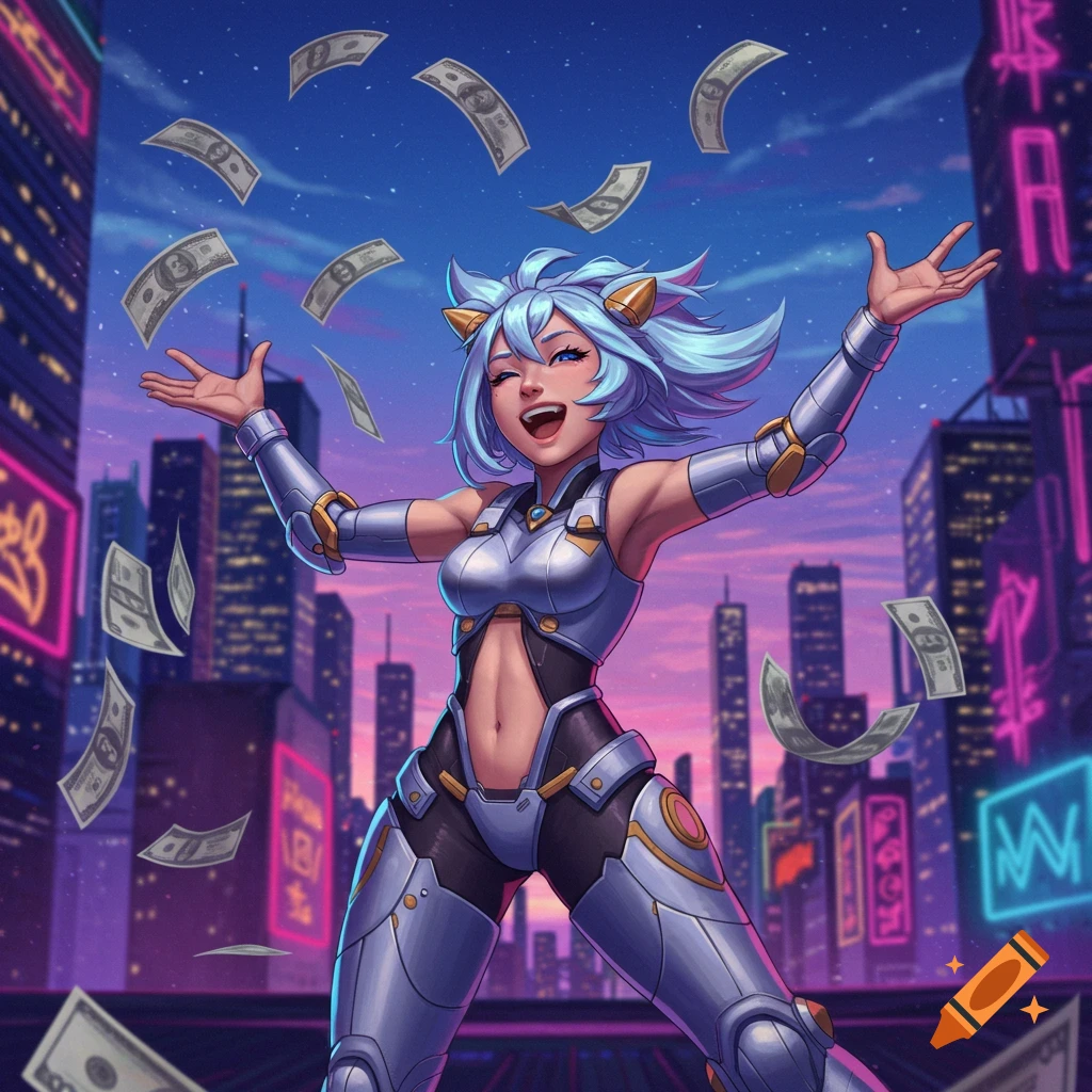 Anime character Exia with light blue hair and futuristic armor happily throwing money in a vibrant cyberpunk city.