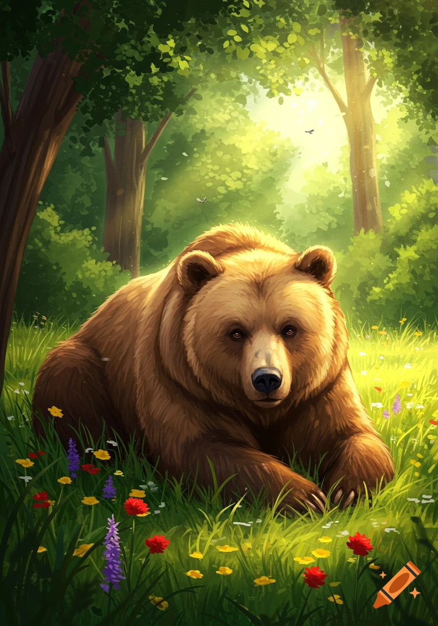 A majestic brown bear lies in a sunny forest clearing filled with green grass and colorful wildflowers, rendered in a digital illustration style.