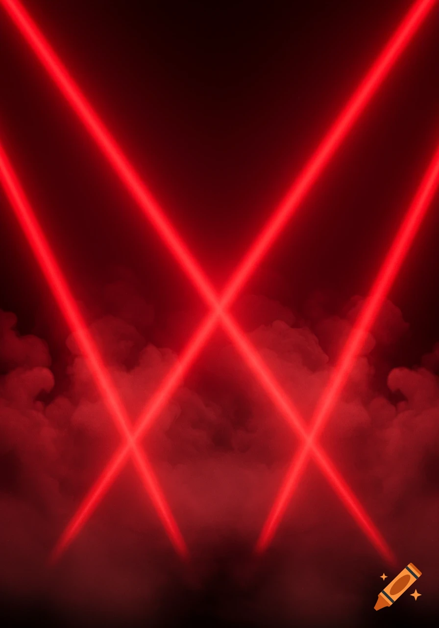 Four converging red spotlights illuminate smoke against a dark red background.