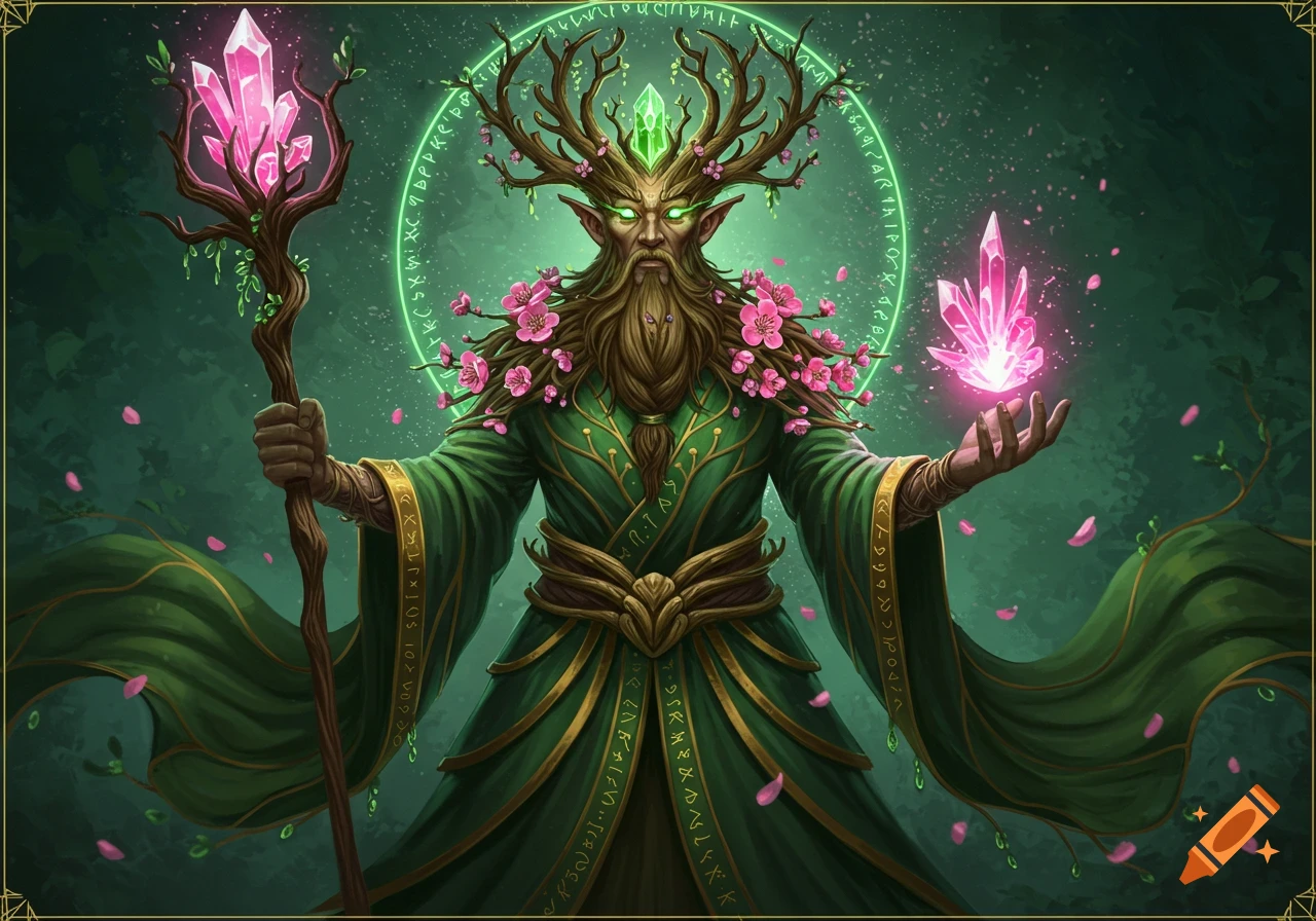 A nature spirit with glowing green eyes, branch antlers, and a beard, in green robes with pink blossoms, holding a crystal staff and levitating a glowing pink crystal.