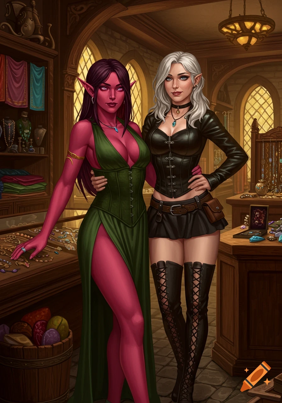 Two fantasy women, one with red skin and a green dress, the other with white hair and a black leather outfit, pose in a medieval shop.