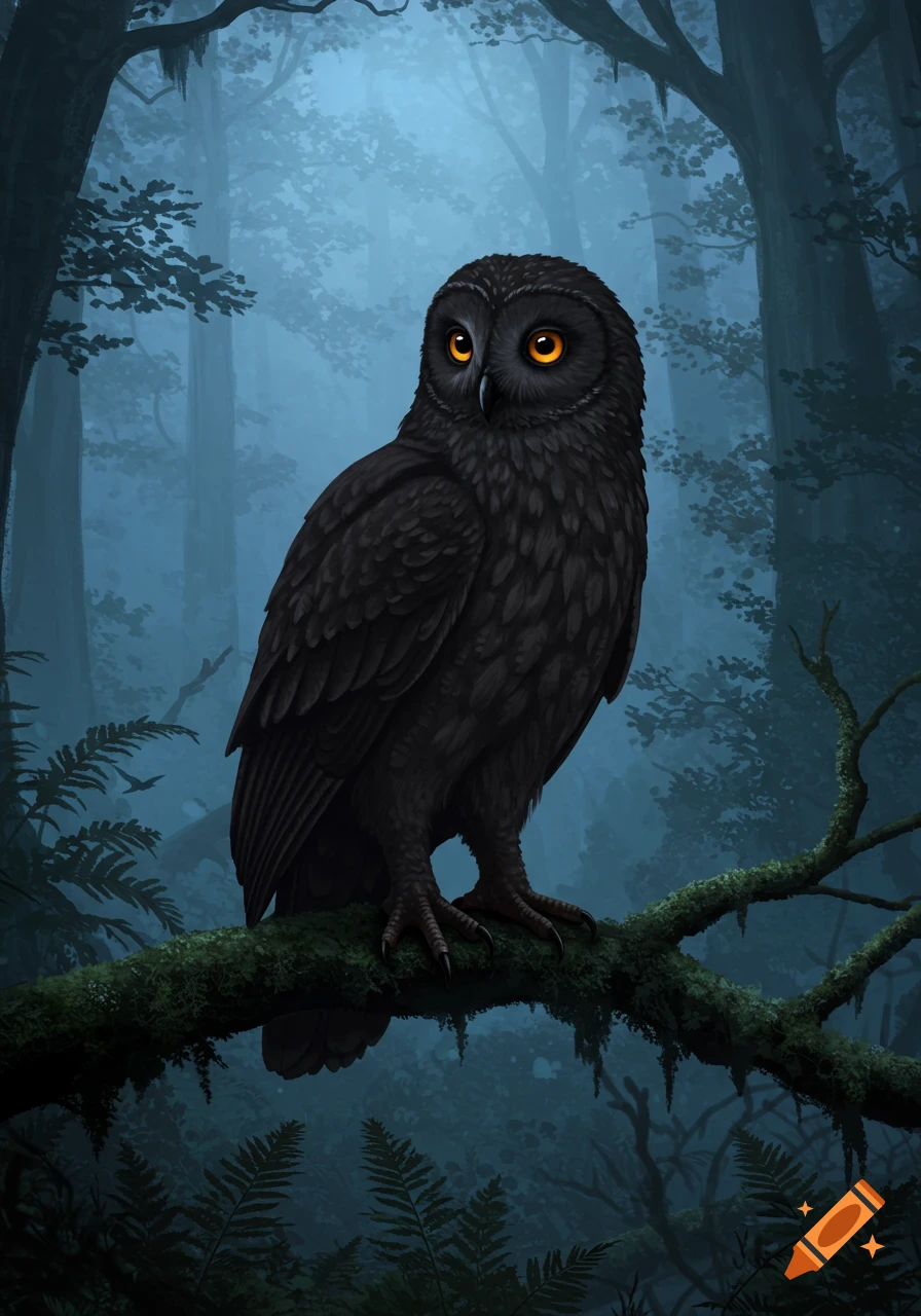 A dark brown owl with bright orange eyes perches on a mossy branch in a misty, dark forest.