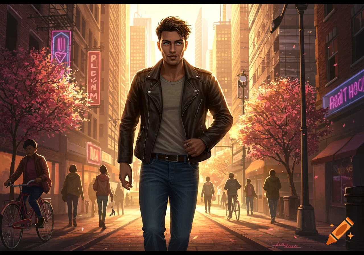 A stylized man in a leather jacket walks confidently down a sunlit city street with cherry blossom trees and blurred background figures.