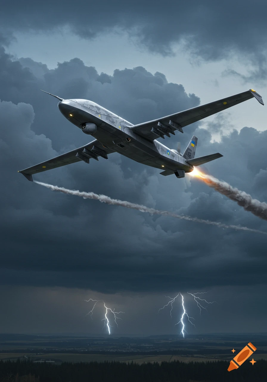 A grey military drone with Ukrainian markings flies through a dark, stormy sky with lightning strikes below.
