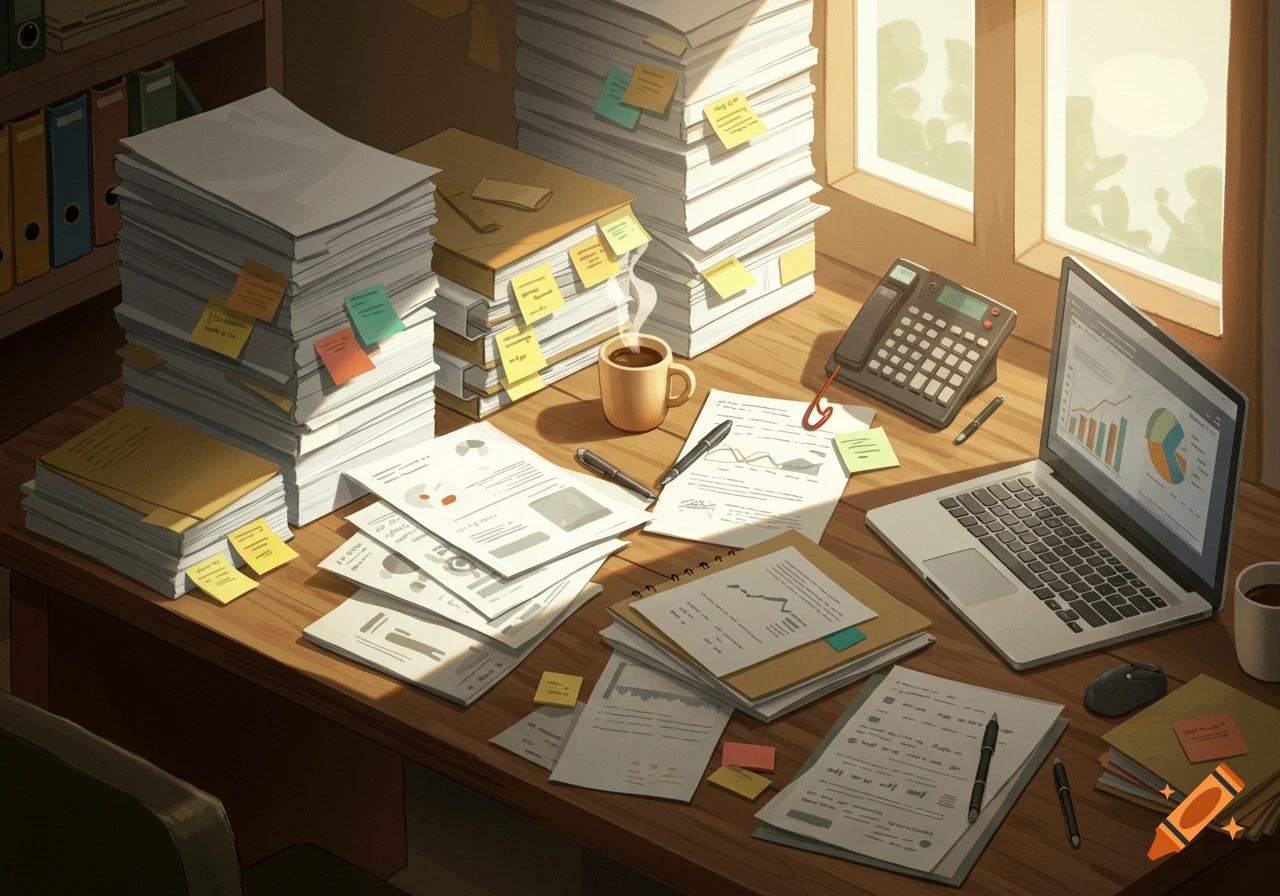 A cluttered office desk with stacks of documents, a laptop showing charts, a phone, and a coffee cup, lit by sunlight.