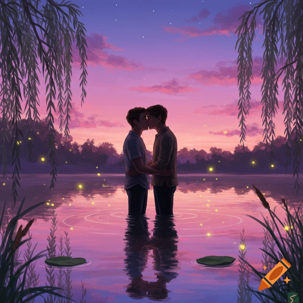 Two men embrace and kiss while standing in a lake at sunset, surrounded by weeping willow trees and fireflies, in a digital illustration.