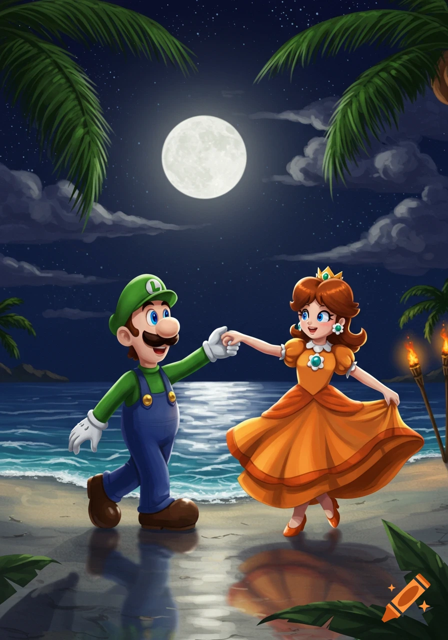 Luigi and Princess Daisy dance on a moonlit beach, holding hands, with palm trees and ocean in the background.