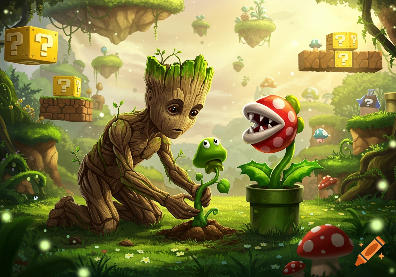 Groot planting a piranha plant in a vibrant, fantastical Mario-themed landscape with floating islands and question mark blocks.