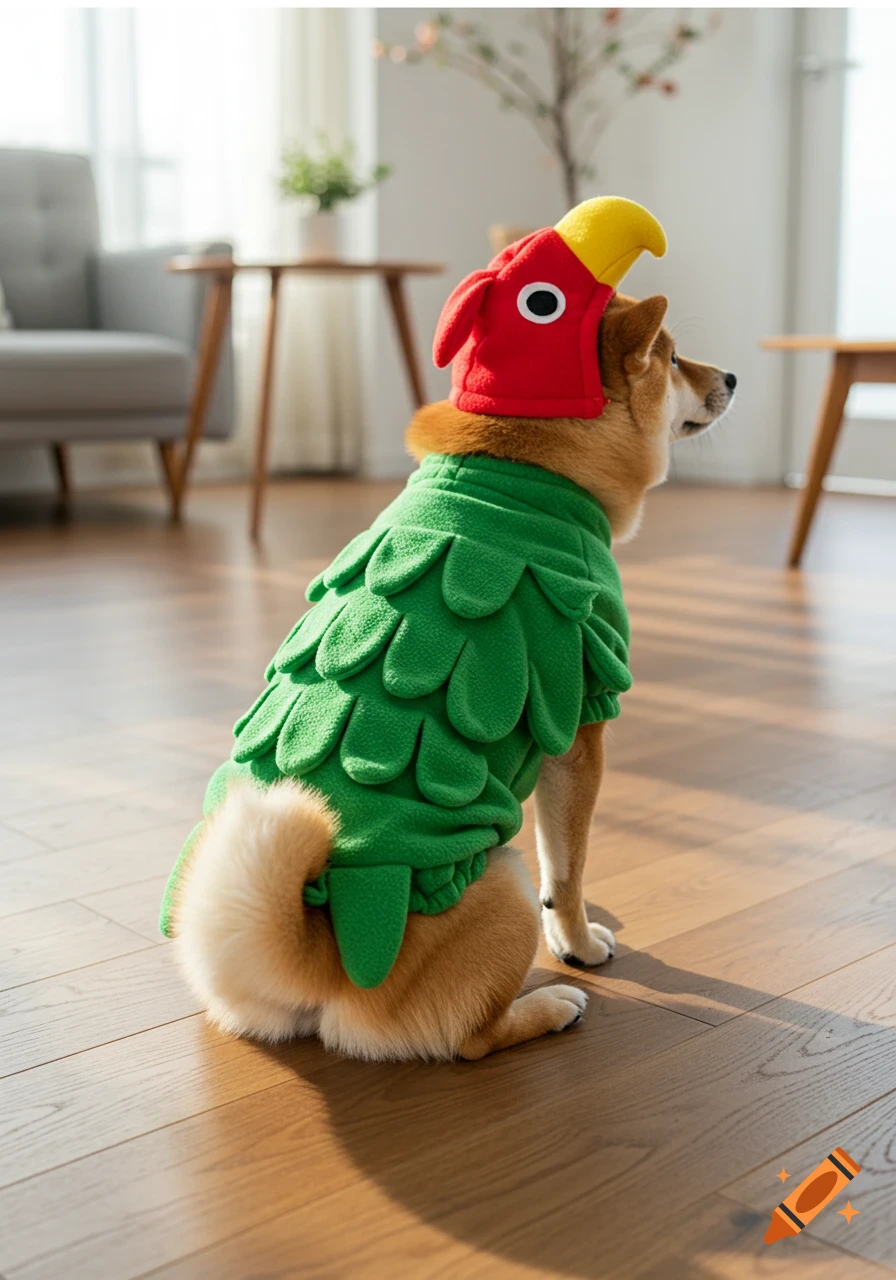 A shiba dog wearing a green parrot costume with a red and yellow parrot head sits on a wooden floor.