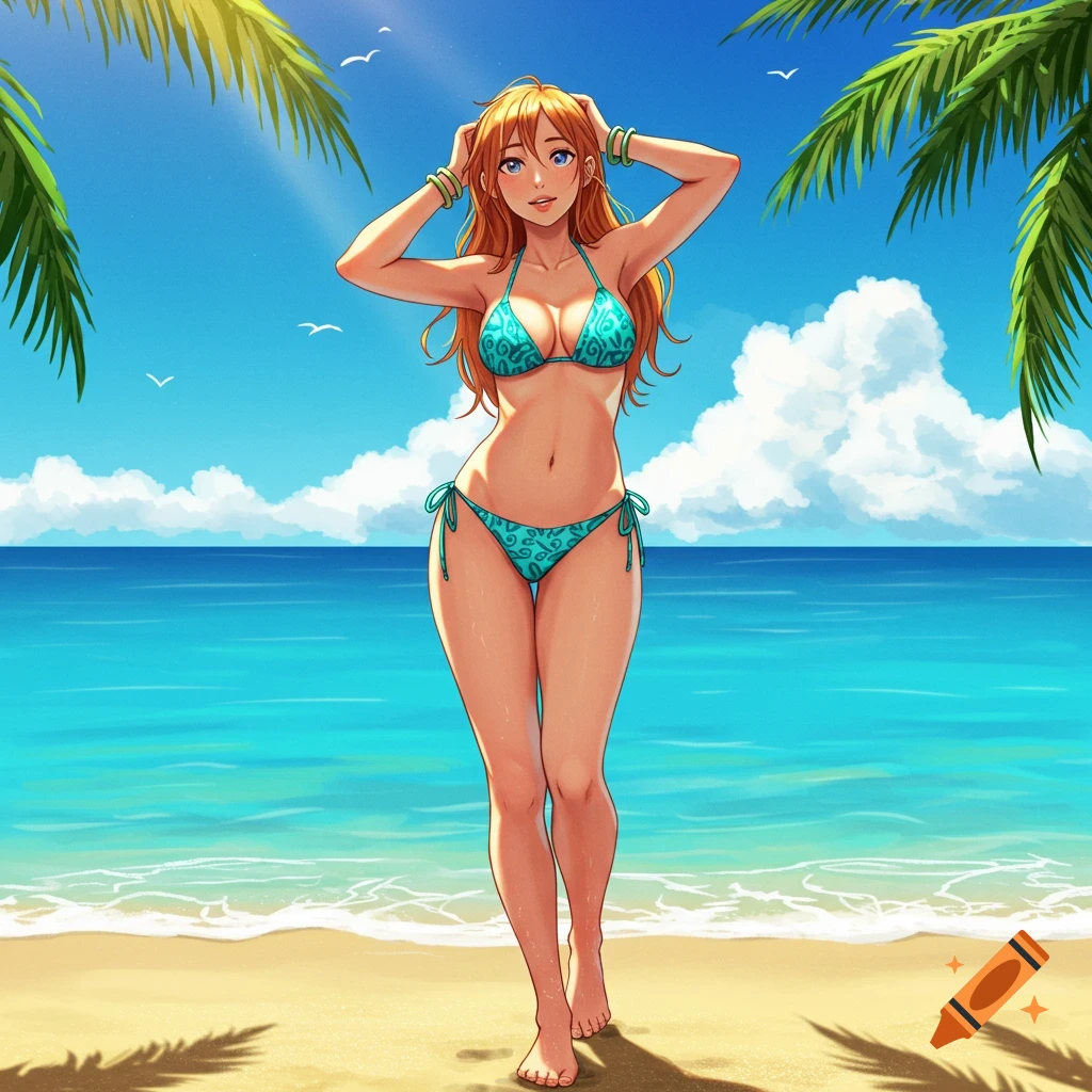 Anime girl with orange hair in a blue bikini posing on a sunny beach with palm trees and ocean.
