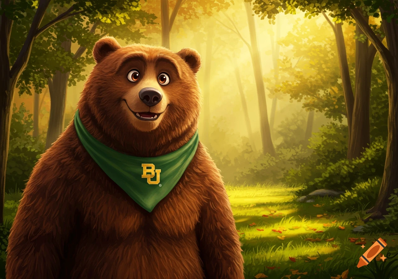 A cartoon brown bear, resembling the Open Season character, smiles in a sunny forest, wearing a green bandana with a gold BU logo.