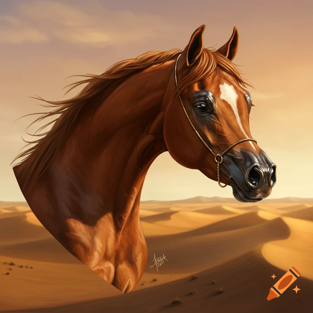 A close-up digital art portrait of a brown Arabian horse head with a white blaze, against a sunset desert background.