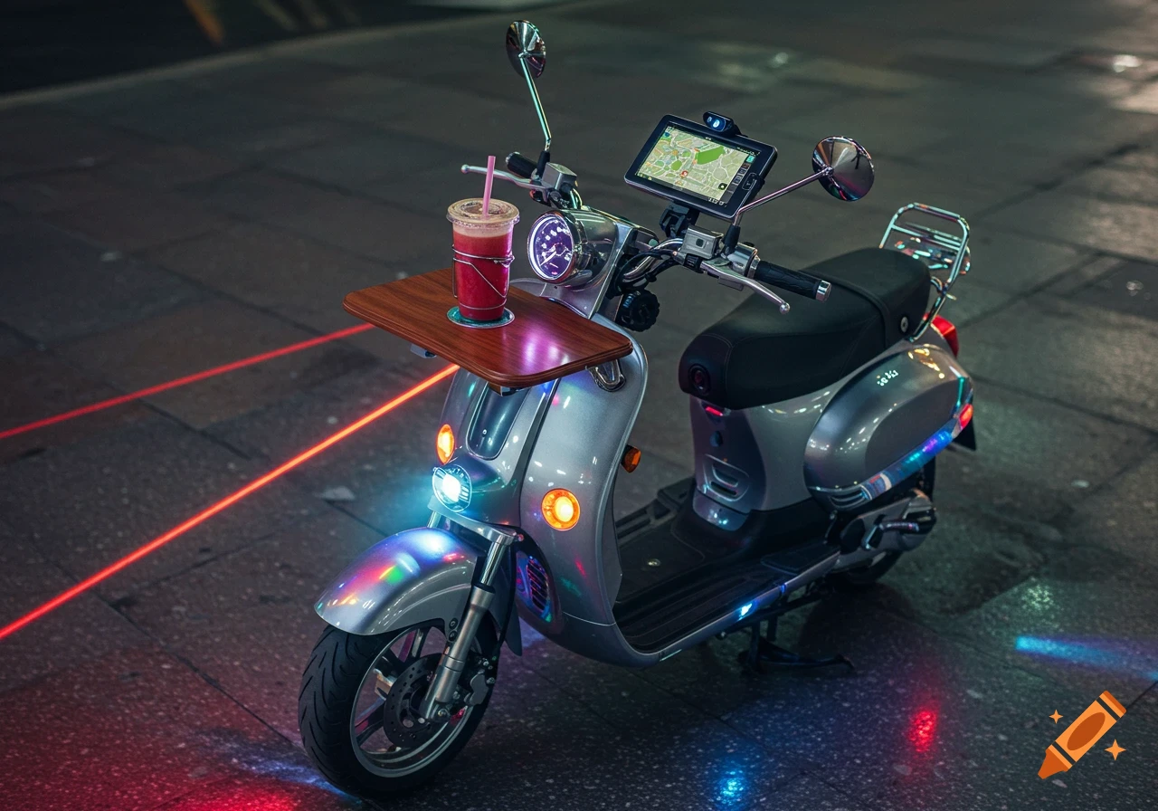 A detailed photorealistic image of a silver scooter with a mini lap table, drink, and map screen, illuminated by colorful laser lights at night.