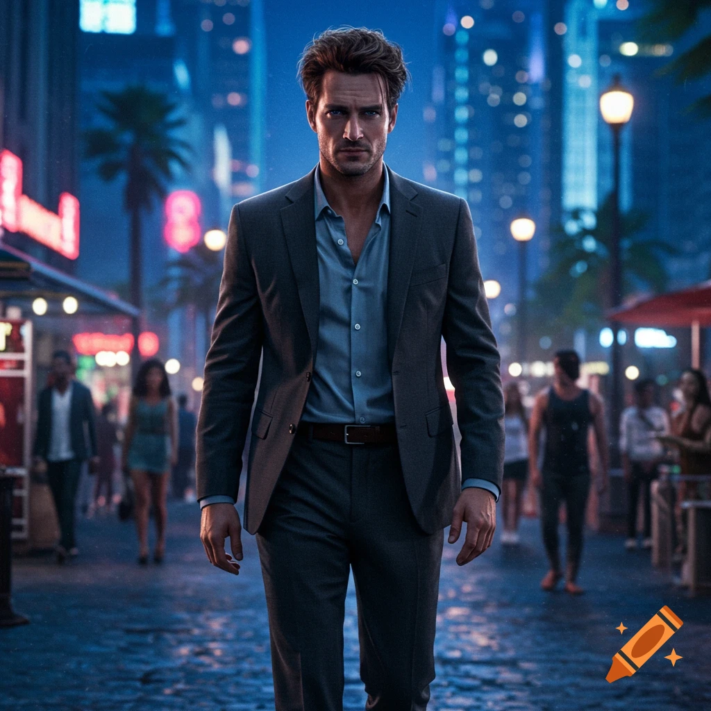 A man in a dark suit walks on a city street at night, with neon lights and blurry figures in the background. Photorealistic style.
