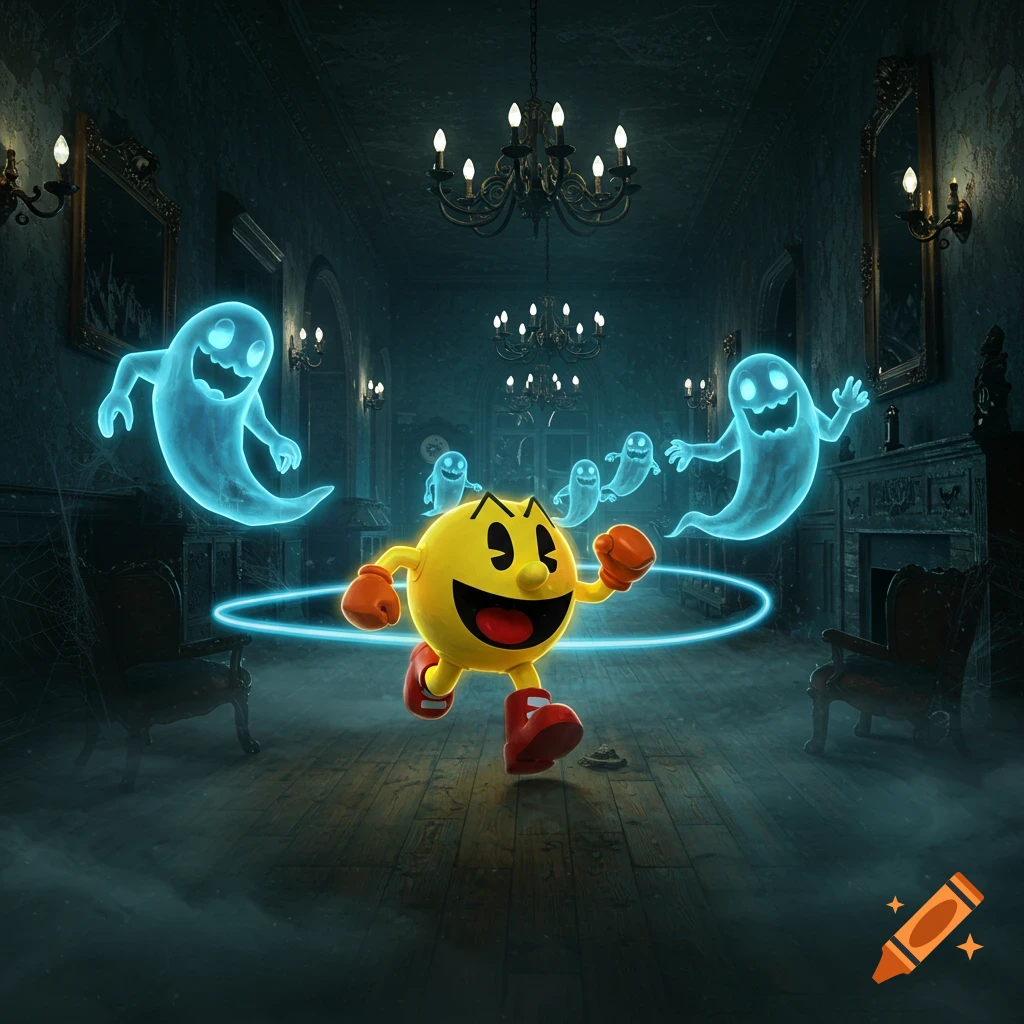 Pac-Man with red boots and gloves runs from blue glowing ghosts in a dusty, dimly lit haunted mansion.