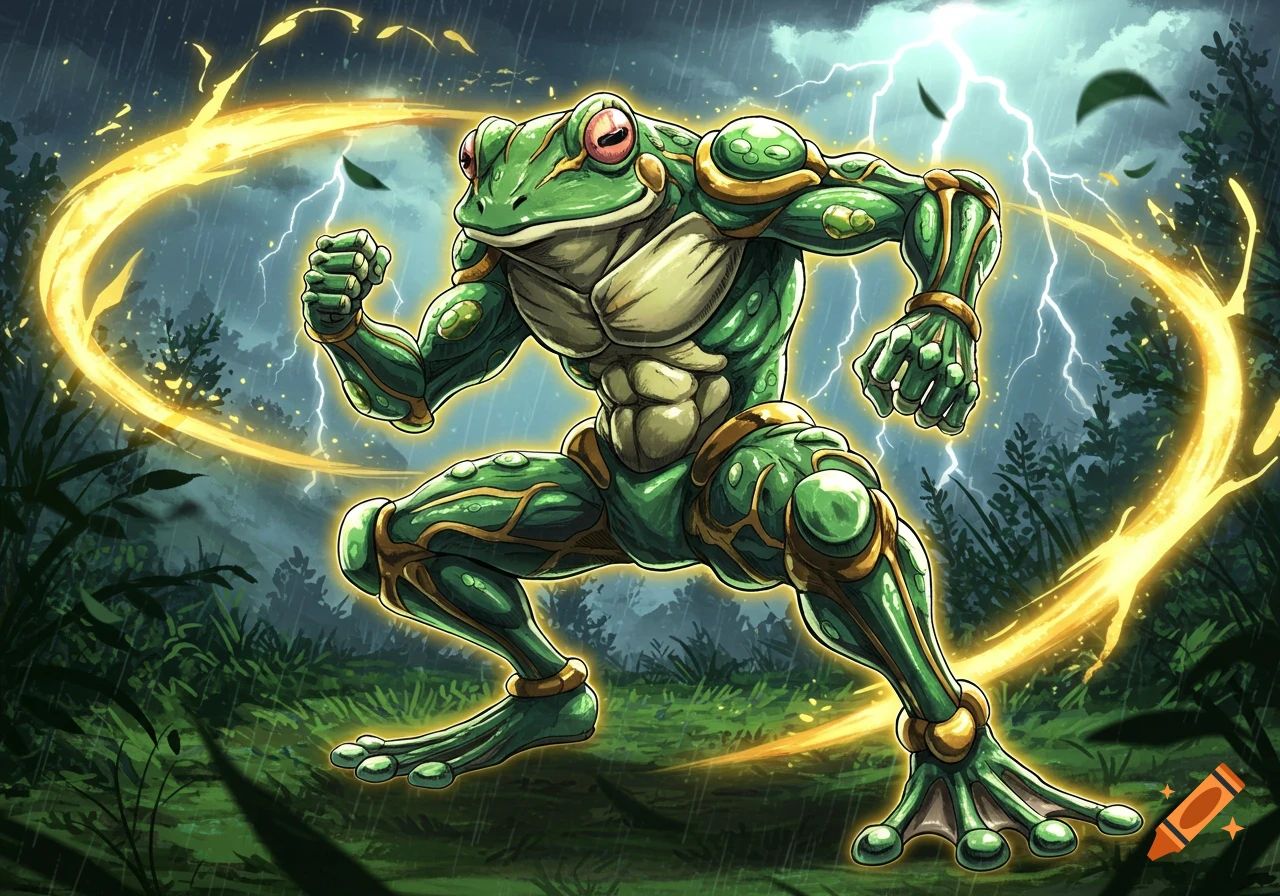 A muscular green frog creature with golden armor in an action pose surrounded by yellow energy arcs, with lightning in a stormy jungle.