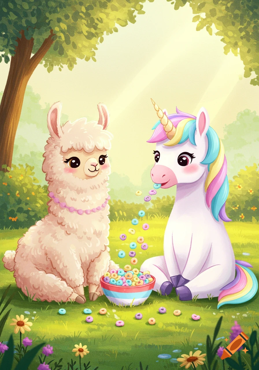 A cute llama and a unicorn sit in a grassy field, sharing a bowl of colorful cereal under sunny trees in a digital art style.