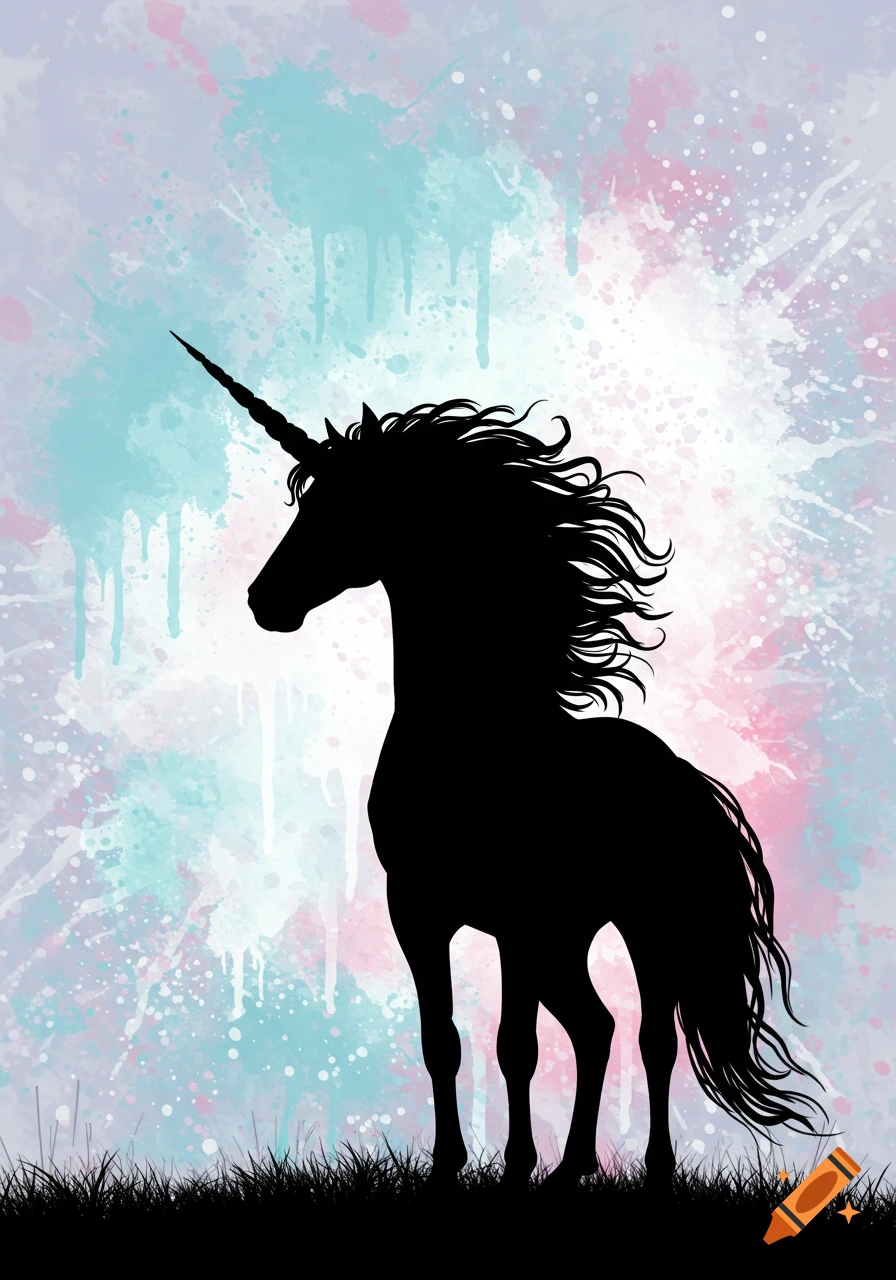 A black unicorn silhouette stands in grass against a background of light blue, pink, and white paint splatters and drips.
