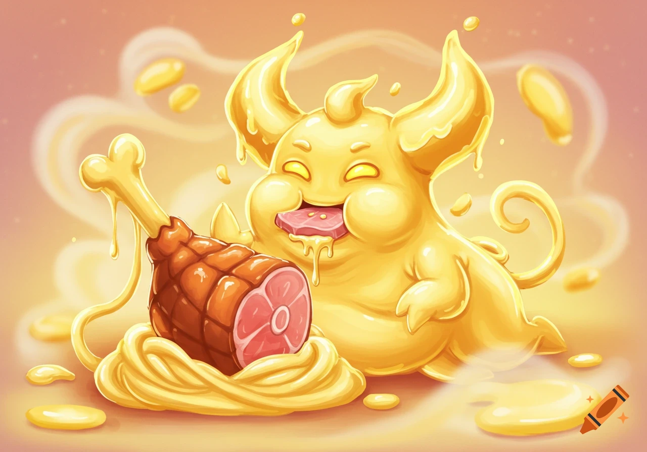 A cute, yellow cartoon butter monster happily licking a large ham hock surrounded by melting butter.